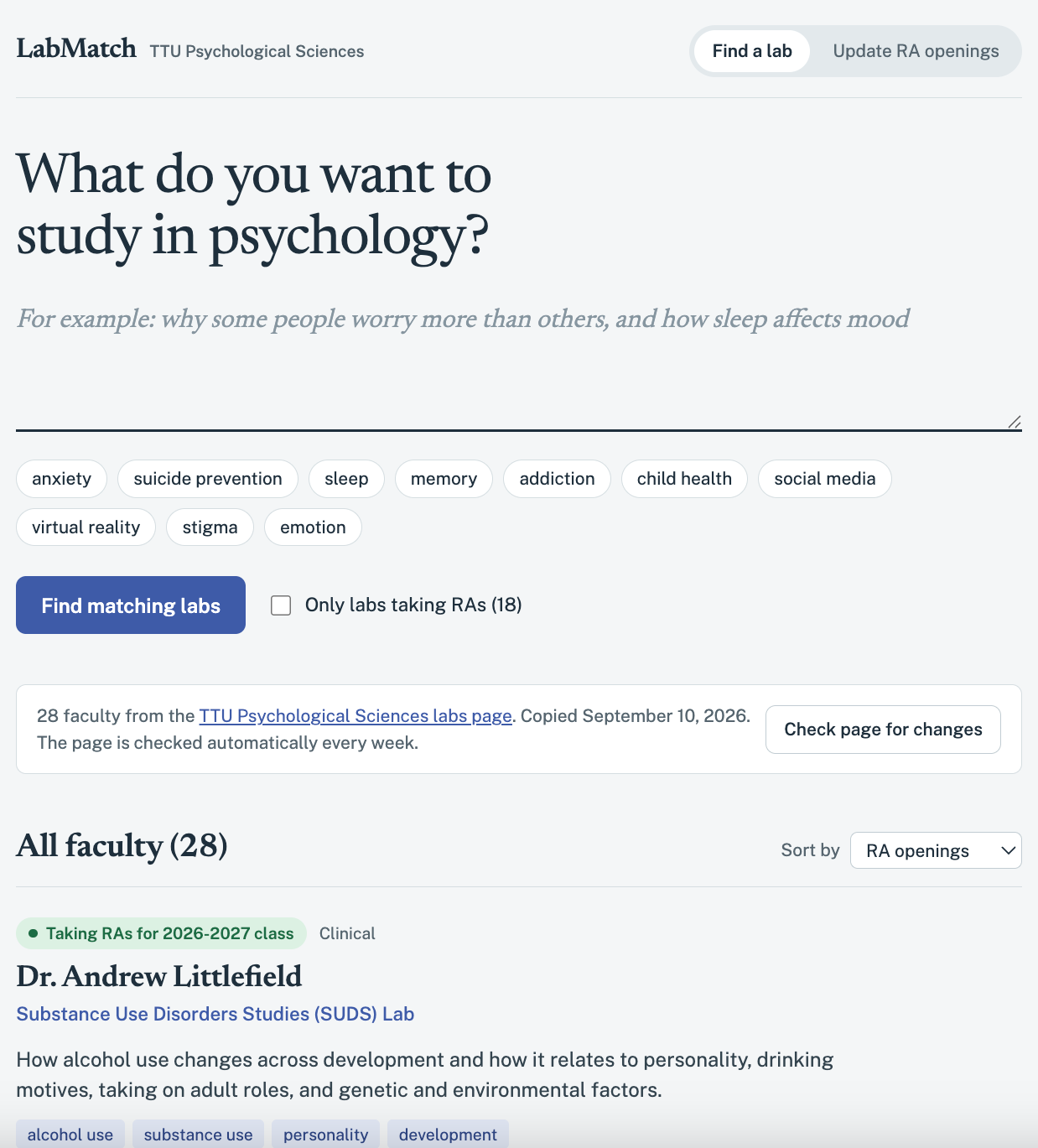 LabMatch search page