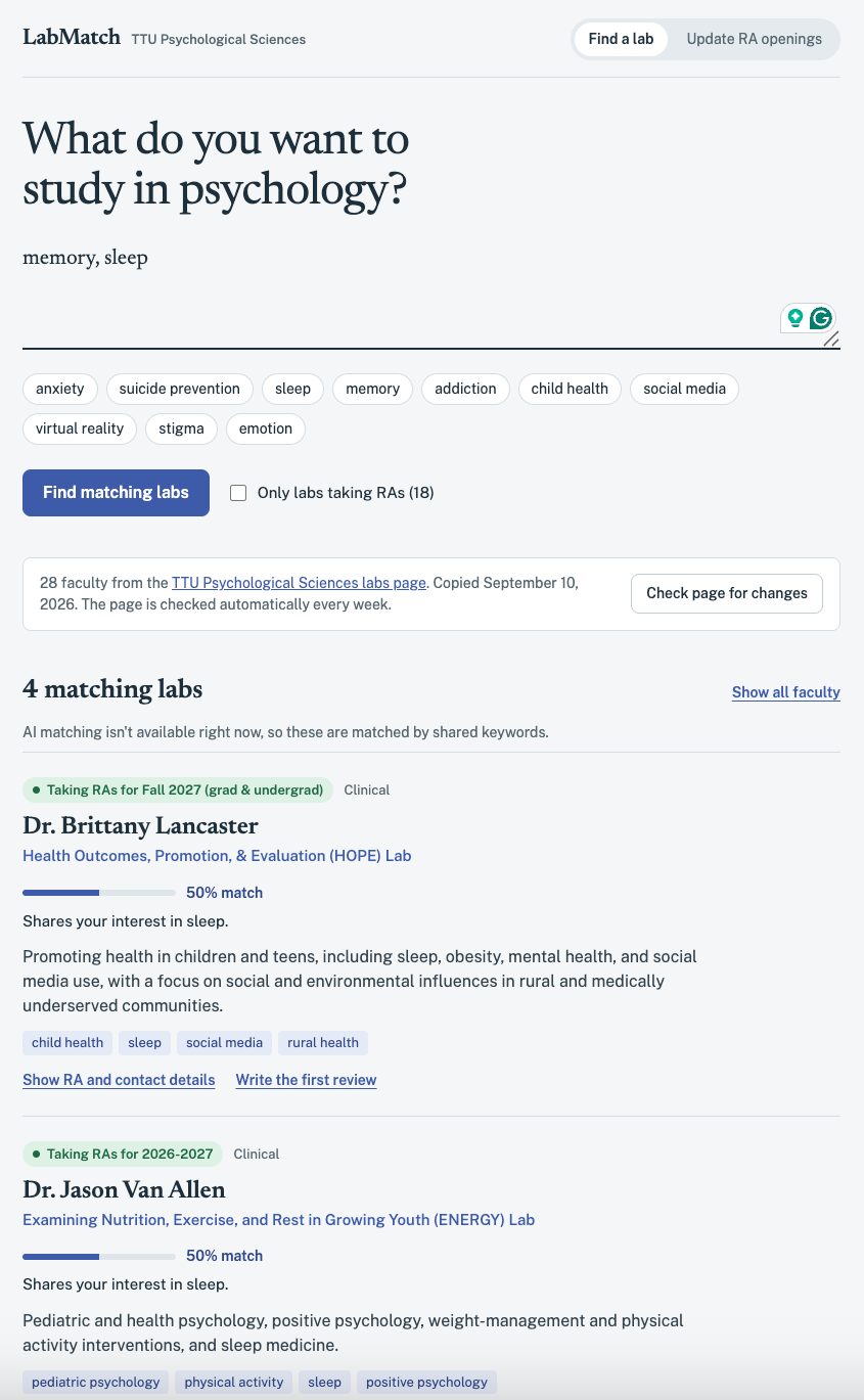 LabMatch results with match percentages