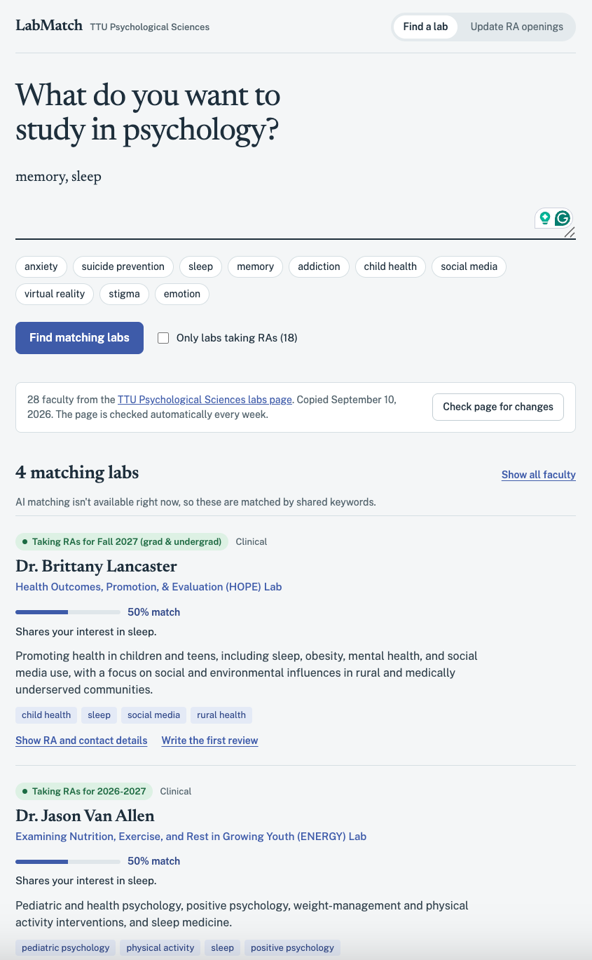 LabMatch results with match percentages