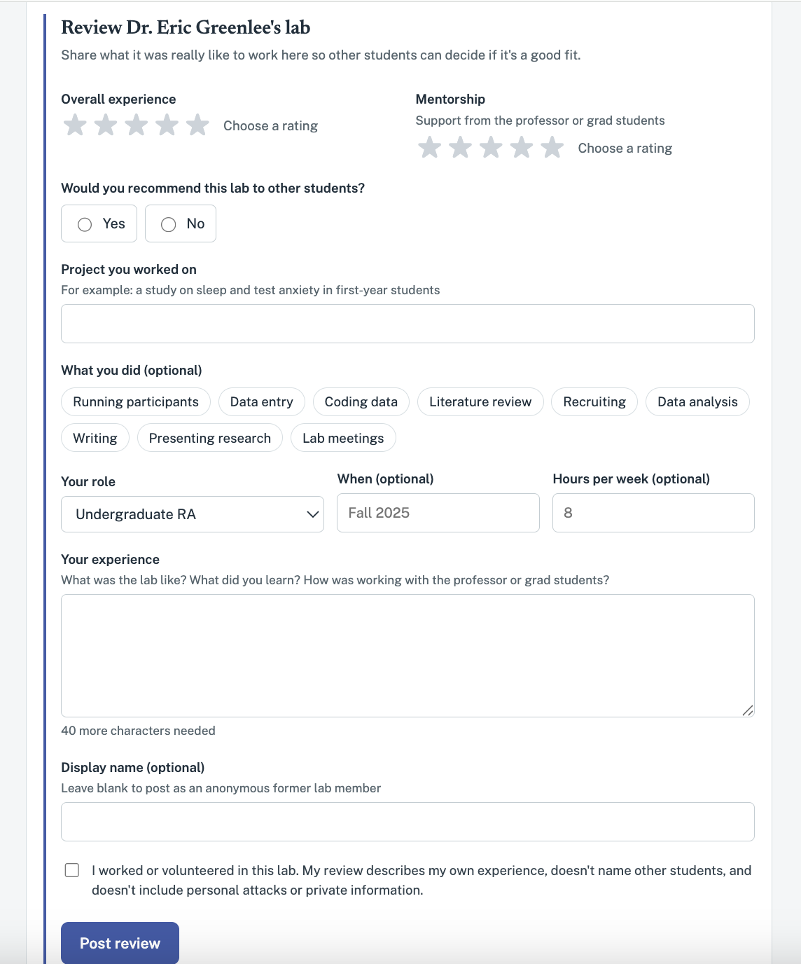LabMatch anonymous lab review form: ratings, recommendation, role, hours, and an attestation checkbox