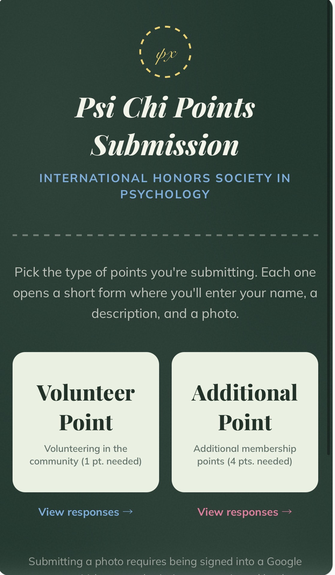 Psi Chi points submission app: pick the point type